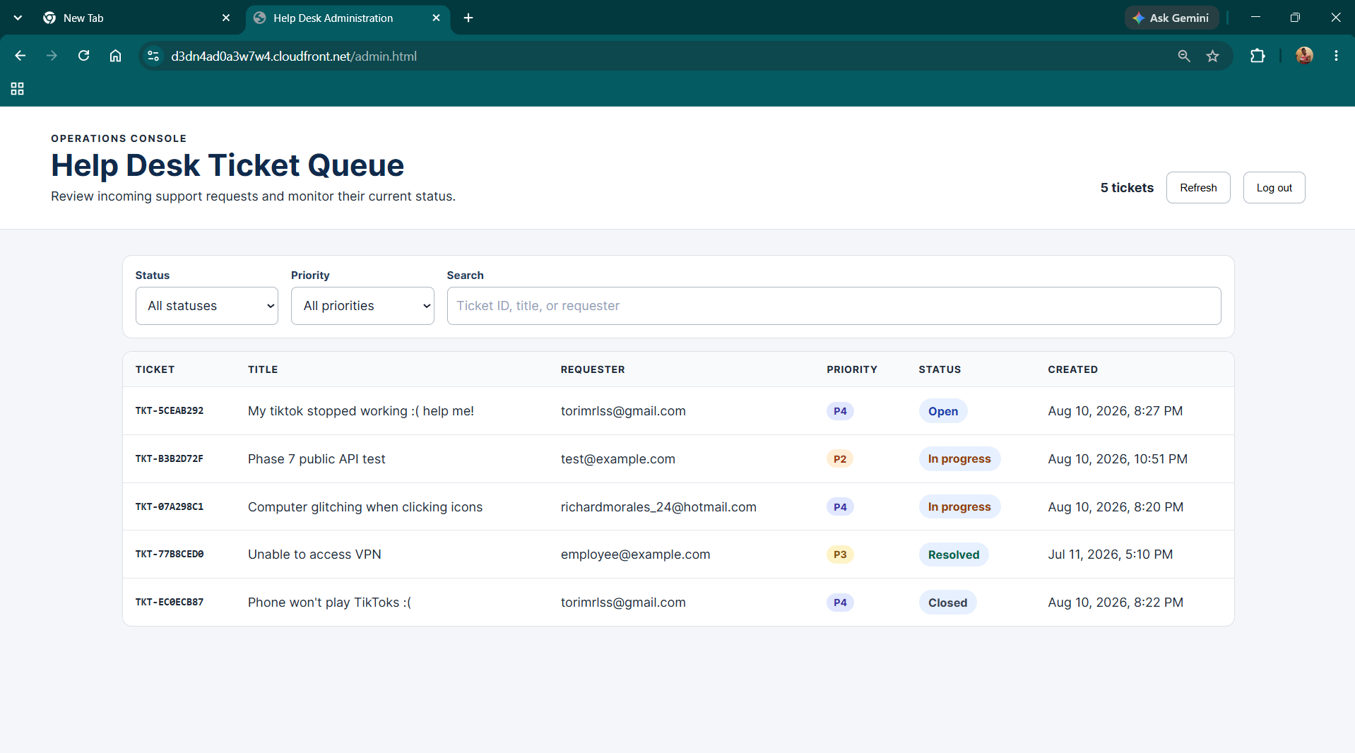 Serverless Help Desk project interface showing the AWS-based ticketing application